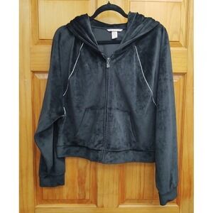Victoria Secret Black Velvet Size XL Hoodie Zip Front Rhinestone Bling
